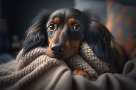 A young Dachshund dog under a blanket. The pet is basking under the plaid. The concept of caring for pets. Generative AI.の素材