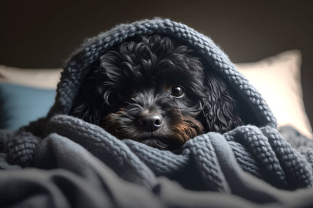 A young Maltipoo dog under a blanket. The pet is basking under the plaid. The concept of caring for pets. Generative AI.の素材