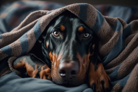 A young Doberman dog under a blanket. The pet is basking under the plaid. The concept of caring for pets. Generative AI.の素材