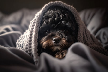 A young Maltipoo dog under a blanket. The pet is basking under the plaid. The concept of caring for pets. Generative AI.の素材