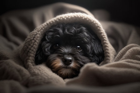A young Maltipoo dog under a blanket. The pet is basking under the plaid. The concept of caring for pets. Generative AI.の素材