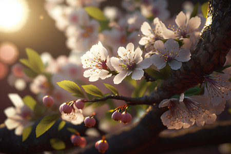 spring blossom. Beautiful flowers blooming tree branch. Fresh spring branches of tree with flowers, natural floral seasonal easter background. Greenery springtime close up. Sunshine. Generative AI.の素材