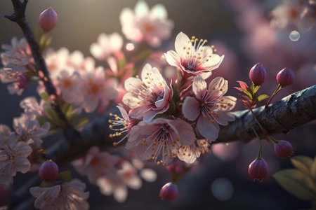 spring blossom. Beautiful flowers blooming tree branch. Fresh spring branches of tree with flowers, natural floral seasonal easter background. Greenery springtime close up. Sunshine. Generative AI.の素材