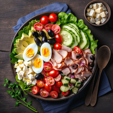Healthy cobb salad with ham, cucumber, tomato, olives, feta cheese, avocado and eggs. top view. Generative AI.の素材