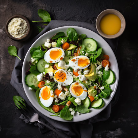 Healthy breakfast. Salad with feta cheese, eggs, cucumber and carrot. Health food. top view. Generative AI.の素材