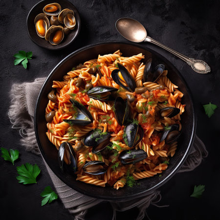 Classic italian pasta fusilli marinara with mussels, Italian seafood pasta with clams and musselson on dark table. top view. Generative AI.の素材
