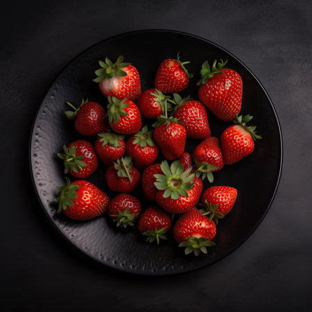 Strawberries in a plate on a dark background. top view. Generative AI.の素材