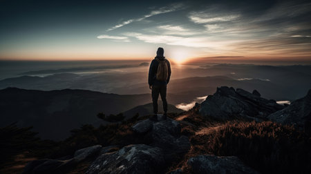 Silhouette of a person standing on a mountain with cinematic lighting during sunrise after hiking. Generative AI.の素材