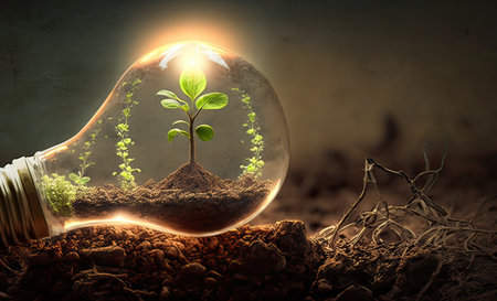 Green energy and a bright future. Light bulb in soil, concept of green energy. generative AI.の素材