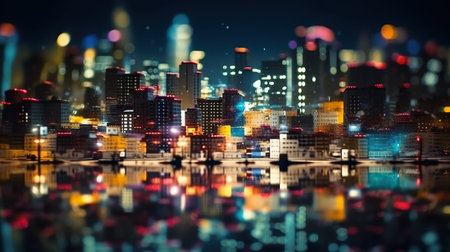 Defocused lights in the city. The bokeh light from building and night city. Cityscape. Generative AI.の素材