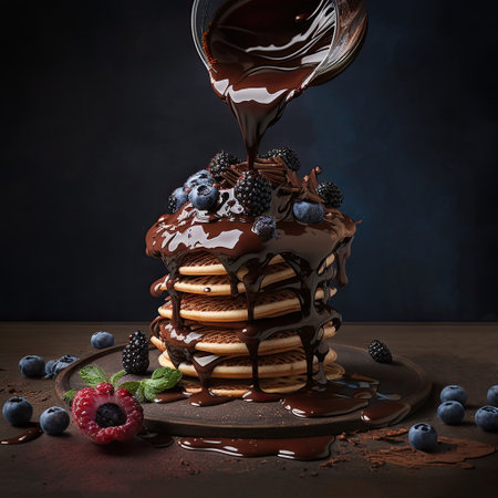 Stack of pancakes topped chocolate with berries. Generative AIの素材