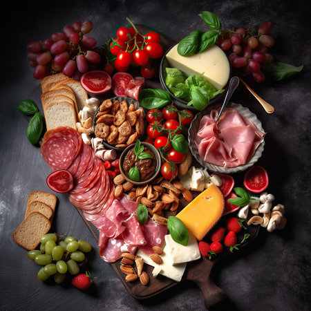 Antipasto platter with ham, prosciutto, salami, cheese, tomato, strawberries and vegetables on dark background. Appetizers table with italian antipasti snacks. top view. Generative AI.の素材