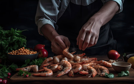 Seafood, Professional cook clean and prepares shrimps. Cooking seafood on a dark background. Generative AI.の素材