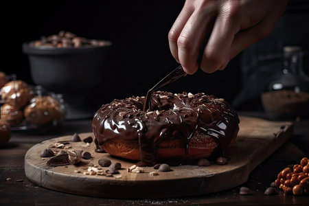 Baker in the kitchen with a cooked chocolate donut on a dark background. Generative AI.の素材