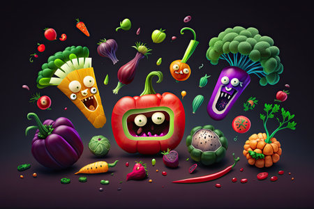 Funny cute vegetables in cartoon style. vegetable mix. Generative AI.の素材
