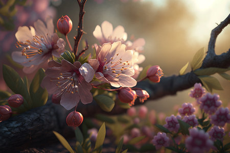 spring blossom. Beautiful flowers blooming tree branch. Fresh spring branches of tree with flowers, natural floral seasonal easter background. Greenery springtime close up. Sunshine. Generative AI.の素材