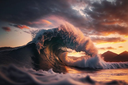 Ocean wave crashing at sunset. Stunning sunset on the sea. Generative AIの素材