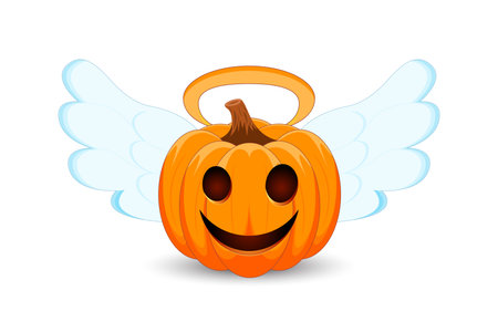 Pumpkin with angel wings and nimbus on white background. The main symbol of the Happy Halloween holiday. Orange pumpkin with smile for your design for the holiday Halloween. vector illustrationのイラスト素材