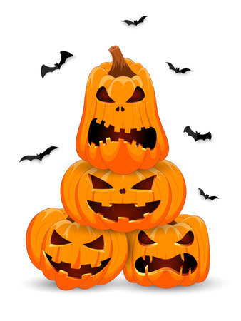 Halloween Pumpkin banner on white background. Main symbol of the Happy Halloween holiday. Orange pumpkins stand on top of each other with a smile for your design holiday Halloween. vector illustration.のイラスト素材