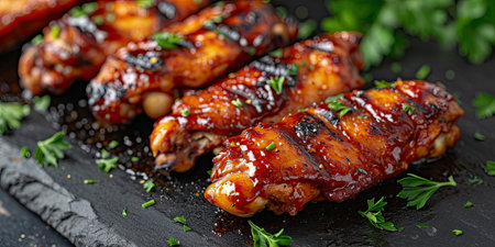 A close-up photo of succulent chicken wings topped with sauce and garnished with parsley, displayed neatly on a wooden cutting board.の素材