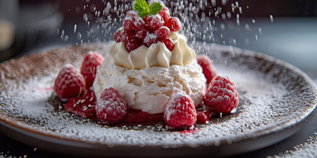 Raspberry Pavlova Dessert on a Plate With Powdered Sugar Topping A freshly prepared raspberry pavlova dessert is showcased with whipped cream and a dusting of powdered sugar on a ceramic plate.の素材