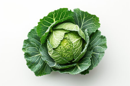 A Head of Cabbage on a White Background A single head of cabbage is placed on a white background, creating a simple and minimalistic composition.の素材