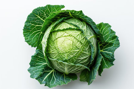 A Head of Cabbage on a White Background A single head of cabbage placed on a white background, showing its fresh and vibrant green leaves.の素材