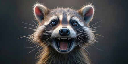 Portrait of a raccoon with a wide open mouth. Close-up.の素材