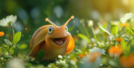 funny snail in the green grass with flowers.の素材