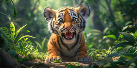 Cute tiger cub in a jungle setting.の素材