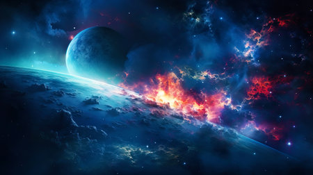 Cosmic landscape with planet and stars.の素材