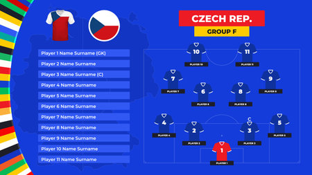 T-shirt and flag. Lineup of the Czech Republic national football team. Football field with the formation of Czech players at the European tournament 2024. Vector illustration.のイラスト素材