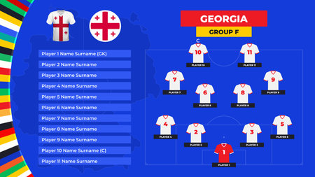 T-shirt and flag. Lineup of the Georgia national football team. Football field with the formation of Georgia players at the European tournament 2024. Vector illustration.のイラスト素材