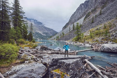Journey on foot through the mountain valleys. The beauty of wildlife. Altai, the road to Shavlinsky lakes. Hikeの写真素材