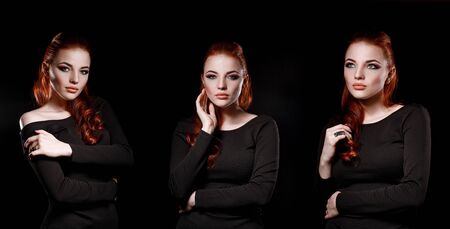 Beautiful attractive girl with red hair on a black background. Business woman with beautiful makeup. Confident successful womanの写真素材