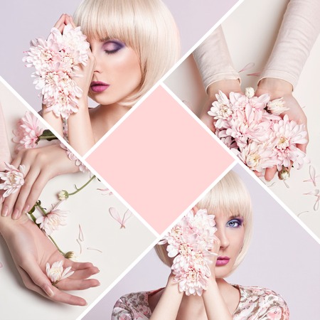 Fashion art portrait woman in summer dress and flowers in her hand with a bright contrasting makeup. Creative beauty photo girls sitting at table on a contrasting pink background. Collage, conceptの写真素材