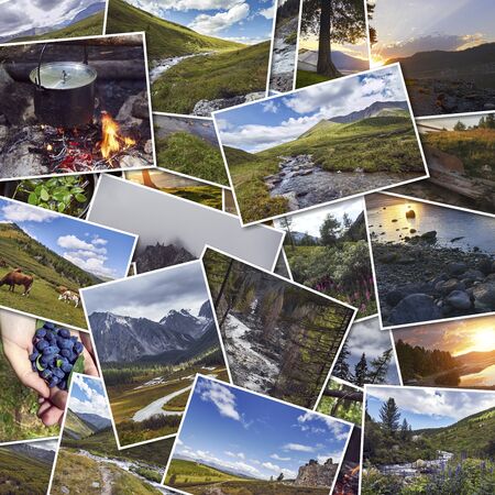 Collage wild nature of Altai. Mountains, valleys, rivers, lakes, snowy peaks, green meadows. Journey through the Altai collage. Survival in the wild, a collage of photosの写真素材