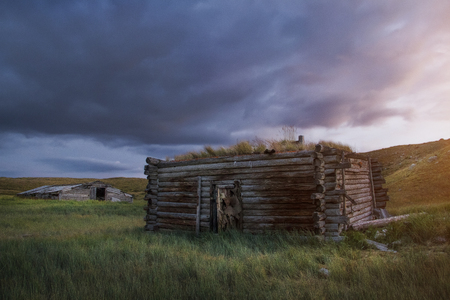 Sunset in the steppe, a beautiful evening sky with clouds, plato Ukok, no one around, Altai, Siberia, Russiaの写真素材