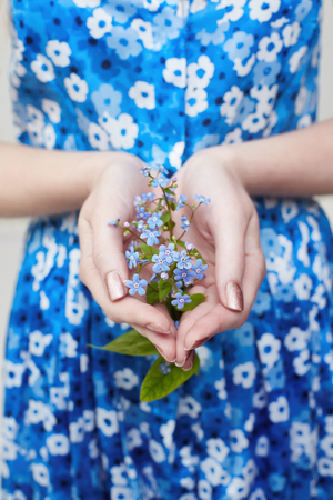 Plant with flowers in girl's hands. Ecology the cultivation of plants, the protection of the environment. Clean air, the preservation of the planet intactの写真素材