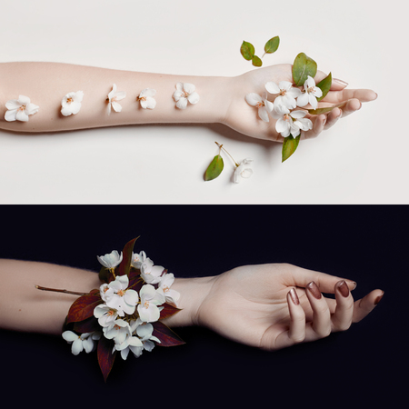 Fashion art hand woman in summer time and flowers on her hand with bright contrasting makeup. Creative beauty photo hand girls sitting at table on contrasting background with colored shadows. Skincareの写真素材