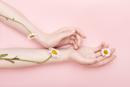 Fashion hand art chamomile natural cosmetics women, white beautiful chamomile flowers hand with bright contrast makeup, hand care. Creative beauty photo girl sitting at table, contrasting backgroundの写真素材