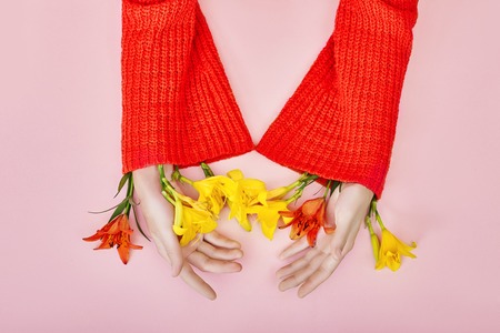 Hands and spring flowers are on a pink table skincare. Nature Cosmetics for hand skin care, a means to reduce wrinkles on hands, moisturizing. Natural cosmetics from flower extract, beauty and fashionの写真素材