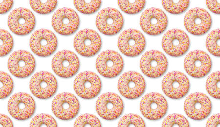 Bright Color donut pattern on a white background, dessert. Set Sweet pastry donut top view, junk food, comfort foodの写真素材