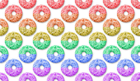 Donut LGBT flag color on a white background, dessert. Sweet pastry donut top view, junk food,...