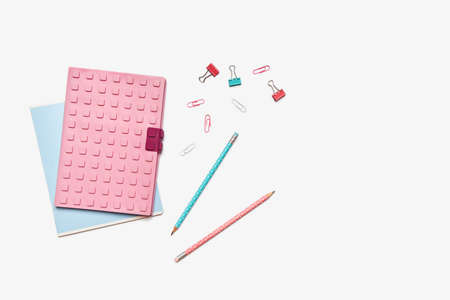 Colored school supplies for learning on a white background. Back to school. Pens, rulers, pencils...