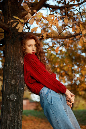 Redhead young woman in a red sweater walks in the park. Autumn beauty portrait of a fashionable Red-haired woman at sunsetの写真素材
