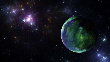 Planet in galaxy star clusters, colored gas clouds in abstract space. Outer space. Space nebula. 3d...