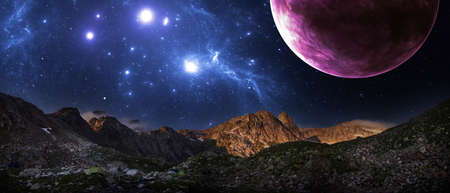 Mountain landscape fantastic cosmos galaxies stars planets and nebulae.  Sunset and unreal night...