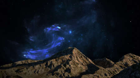Mountain landscape fantastic cosmos galaxies stars planets and nebulae. Sunset and unreal night sky....