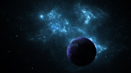 Planet in galaxy star clusters, colored gas clouds in abstract space. Outer space. Space nebula. 3d...